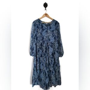 JOIE Blue Semi Sheer Lined Baby Doll Prairie Tiered Dress Size XL